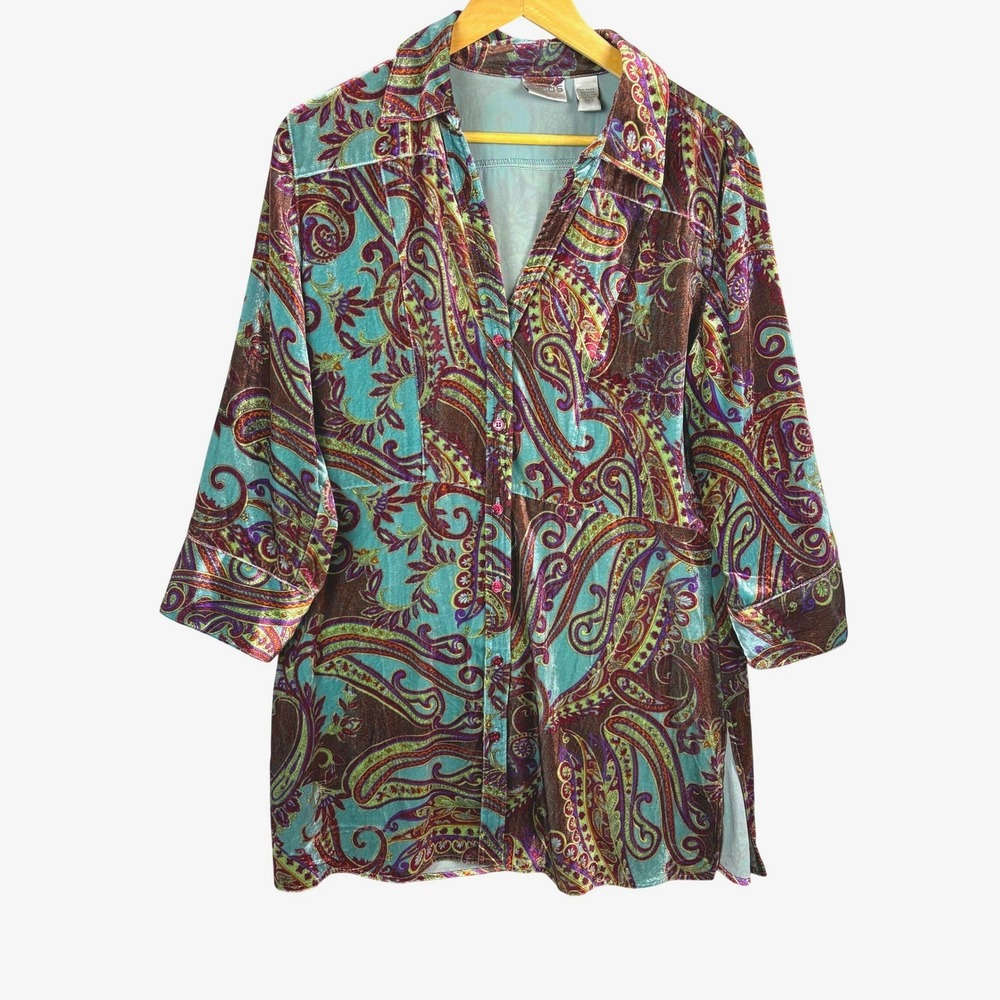 Chicos Womens Paisley Velvet Burnout Tunic Button Shirt Sz 1 US M 8 Teal Purple